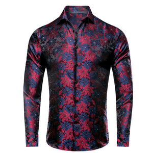 Hi-Tie Long Sleeve Silk Shirts Men's Suit Dress Outwear Slim Jacquard Wedding Floral Paisley Gold Blue Red MartLion   