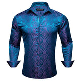 Luxury Blue Shirts Men's Solid Satin Embroidered Paisley Flower Long Sleeve Slim Fit Blouses Casual Lapel Tops Barry Wang MartLion   