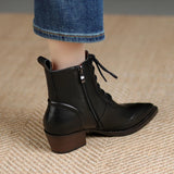 Winter Pointed Toe Women Boots Chunky Heel Shoes Short Retro Western Genuine Leather MartLion   