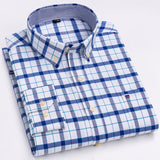 Men's 100% Cotton Plaid Checkered Long Sleeve Oxford Shirt Front Patch Chest Pocket Button-down Striped Versatile Casual Mart Lion L507 42 