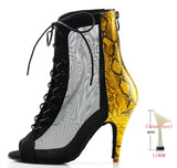 Women's Latin Dance Shoes Belly Dance Boots, Professional Ballroom Yellow Snake Print PU and Black Velvet Black Mesh MartLion HEEL  9cm 3.5 