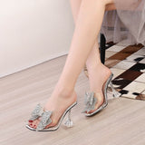 Liyke Transparent Slippers Women Silver Crystal Bowknot High Heels Female Mules Slides Summer Sandals Shoes Mart Lion   