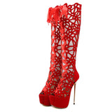 Liyke Summer Roma Style Hollow Out Cross Lace-Up Platform Knee-High Boots Women Sandals Peep Toe Super Thin Heels Shoes Mart Lion   