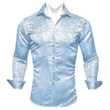 Luxury Blue Shirts Men's Solid Satin Embroidered Paisley Flower Long Sleeve Slim Fit Blouses Casual Lapel Tops Barry Wang MartLion   