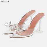 Rhinestones Bowknot Transparent PVC Women Slippers Elegant High heels Summer Shoes Sandals Mules Slides MartLion   