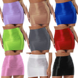 Women Casual Pencil Skirt Solid Color Waist Elastic Waistband Glossy Miniskirt MartLion   