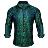 Elegant Men's Shirts Silk Long Sleeve Blue Flower Slim Fit Casual Lapel Tops Breathable Single Breasted Barry Wang MartLion   