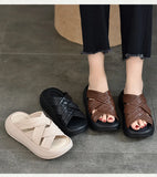 Platform slippers women wear cross-strap flip-flops summer casual 100 bypass head layer cowhide open-toe MartLion   