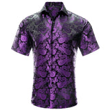 Hi-Tie Blue Red Green Beige Short Sleeves Men's Shirts Jacquard Silk Paisley Spring Summer Hawaii Shirt Wedding MartLion CY-1703 S 