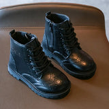 Kids Casual Boots PU Leather Black Zipper for Boys Girls Cross-tied Children Ankle High Boots Anti-skid Round Toes Soft MartLion
