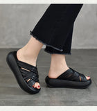 Platform slippers women wear cross-strap flip-flops summer casual 100 bypass head layer cowhide open-toe MartLion   