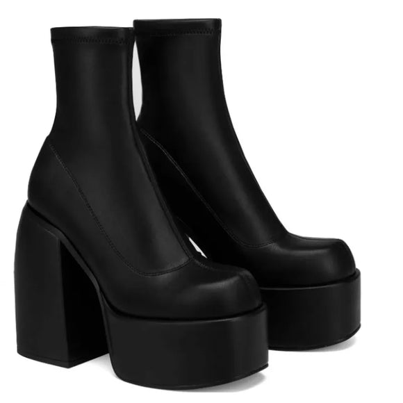  Morden Boots Women Platform Heels Round Toe Leather Boot Chunky Heels Zipper Designer Block Heel Shoes Girls Casual MartLion - Mart Lion