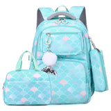 3pcs/Set Fish Scale Print Kid Backpack With Mermaid pendant Girl waterproof School Bag Children Schoolbag  For teenage girls MartLion green  