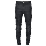 Jeans Men Pants Wash Solid Color Multi Pockets Denim Mid Waist Cargo Jeans MartLion MGD9 XXXL Waist 96cm 