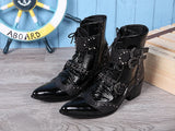 Punk Style Leather Men's Shoes Military Cowboy Ankle Boots High Rubber Metal Pointed Toe Lace Up Buckle MartLion   