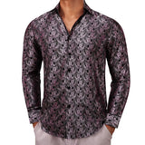 Designer Shirts Men's Silk Long Sleeve Pink Black Flower Slim Fit Blouses Casual Formal Tops Breathable Barry Wang MartLion 0410 L 