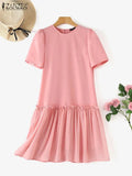 Women Summer Robe Casual Loose Solid Midi Dress  Round Neck MartLion   