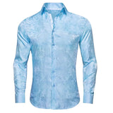 Hi-Tie Blue Men's Shirts Paisley Floral Silk Gold Long Sleeve Casual Shirts Party Wedding Dress MartLion CY-1031 S 