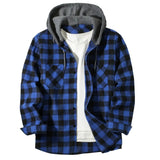 Men's Shirts Classic Plaid Casual Button Down Hooded Long Sleeved Double Pockets Shirt Hoodie Flannel Jacket MartLion Blue XXXL 