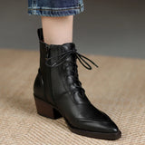 Winter Pointed Toe Women Boots Chunky Heel Shoes Short Retro Western Genuine Leather MartLion   