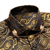 Hi-Tie Silk Men's Shirts Black Gold Long Sleeve Slim Fit Paisley Lapel Brooch Shirt Wedding Party Gift Designer MartLion   