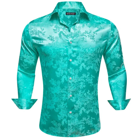 Luxury Shirts Men's Silk Satin Green Blue Flower Long Sleeve Blouses Casual Lapel Tops Breathable Streetwear Barry Wang MartLion   