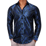 Designer Shirts Men's Silk Long Sleeve Gold Black Flower Slim Fit Blouses Casual Formal Tops Breathable Barry Wang MartLion 0049 S 