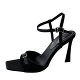 Liyke Crystal Buckle Ankle Strap Sandals Women Black Silk Square Toe Gladiator Heels Party Dress Shoes Mart Lion   