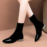 Women Pointed Toe Ankle Boots Autumn Winter Chunky Heels Rhinestones Med Heels Short Flock MartLion   