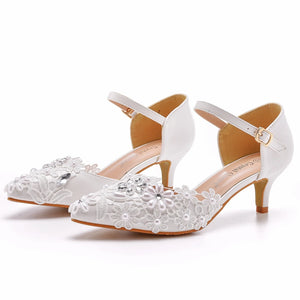 Crystal Queen White Lace Pearl Rhinestone Women Pointed Toe Summer 5CM High Heels Elegant Mary Jane Shoes MartLion   