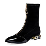 Women Pointed Toe Ankle Boots Autumn Winter Chunky Heels Rhinestones Med Heels Short Flock MartLion   