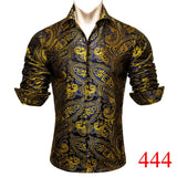 Luxury Designer Silk Men's Shirts Long Sleeve Blue Green Teal Embroidered Flower Slim Fit Blouse Casual  Tops Barry Wang MartLion   