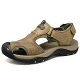 Men's Leather Sandals Slip-on Non-slip Casual Sneakers Wading Shoes Outdoor Sport Camping Hiking Mart Lion Khaki 38 