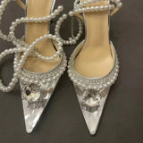 Luxury Rhinestones Pearls Women Pumps Transparent PVC Ankle strap Party High heels Spring Summer Wedding Prom Shoes MartLion 6.5cm Silver 36 