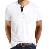 Summer Henley Collar T-Shirts Men's Short Sleeve Casual Tops Tee Solid Cotton Mart Lion   