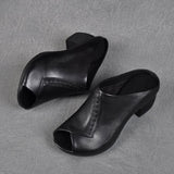 Women Soft Leather Outer Slippers Thick-heeled Fish Mouth Versatile Mid-heeled Sandals Handmade Shoes Mart Lion Black 35 