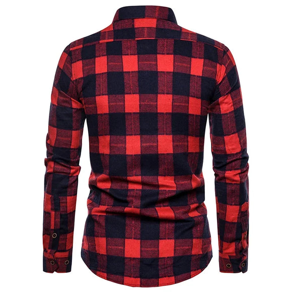 Fall Men's Long Sleeved Plaid Shirt Pockets Single Breasted Lapel Cotton Shirts MartLion   