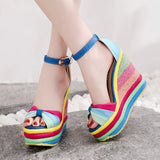 Women Sandals Wedges PU Round Shape Color Matching Slope Heel Increase Thick Bottom Non Slip Shoes MartLion   