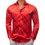Luxury Shirts Men's Silk Satin Beige Plaid  Long Sleeve Slim Fit Blouses Trun Down Collar Tops Breathable Clothing MartLion   