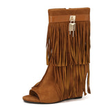 Liyke Peep Toe Pink Tassels Fringe Ankle Boots For Women Spring Autumn Wedge Heels Western Shoes De Mujer Mart Lion   