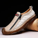 Genuine Leather Casual Shoes Men's Casual Loafers Adult Breathable Footwear Zip Sneakers Sewing Mart Lion Beige 6 