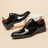 Men's Glossy Leather Shoes Classic Patent Leather Footwear Formal Office Lace Up Wedding Mart Lion   