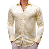 Luxury Shirts Men's Silk Satin Beige Plaid Long Sleeve Slim Fit Blouses Trun Down Collar Tops Breathable Clothing MartLion