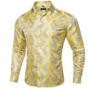 Paisley Floral Men's Shirt Silver White Casual Long Sleeve Social Collar Shirts Brand Button Blouses MartLion   