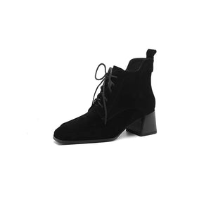 Winter Sheep Suede Women Shoes Square Toe Retro Lace Up Short Boots Chunky Heel High Heel MartLion black-no fur 40 