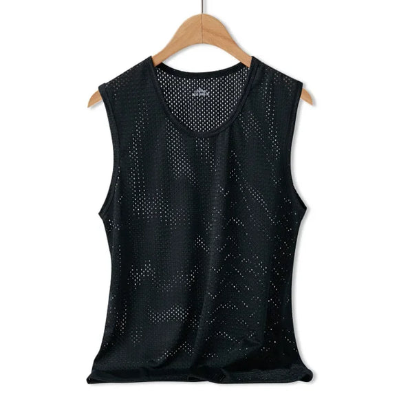 Men's Tops Ice Silk Vest Outer Wear Quick-Drying Mesh Hole Breathable Sleeveless T-Shirts Summer Cool Vest Beach Travel Tanks MartLion black 4XL 