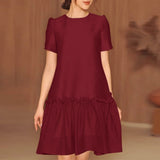 Women Summer Robe Casual Loose Solid Midi Dress  Round Neck MartLion Wine Red L 