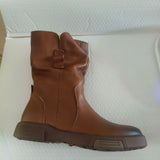 Ankle Boots Cow Leather Motorcycle Platform Wedge Winter Plush Knee High Women Shoes