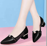 women cute sweet black leather square heel shoes for office classic pointed toe office party pumps MartLion e 41 