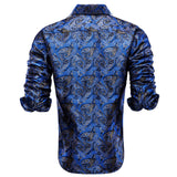 Silk Navy Blue Men's Shirts Long Sleeve Single Breasted Windsor Collar Casual Blouse Outerwear Wedding MartLion   
